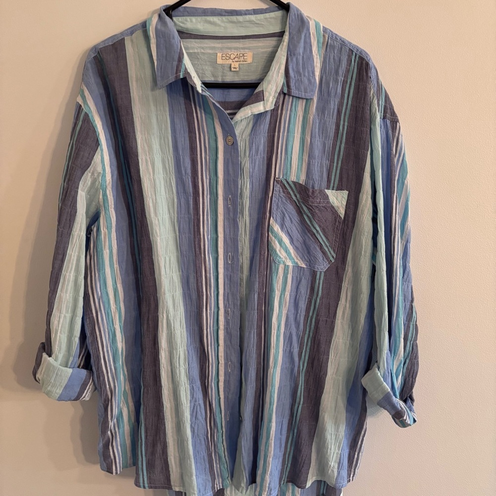 Escape by Habitat Women's Striped Button Down Shirt - Blue, Green and White